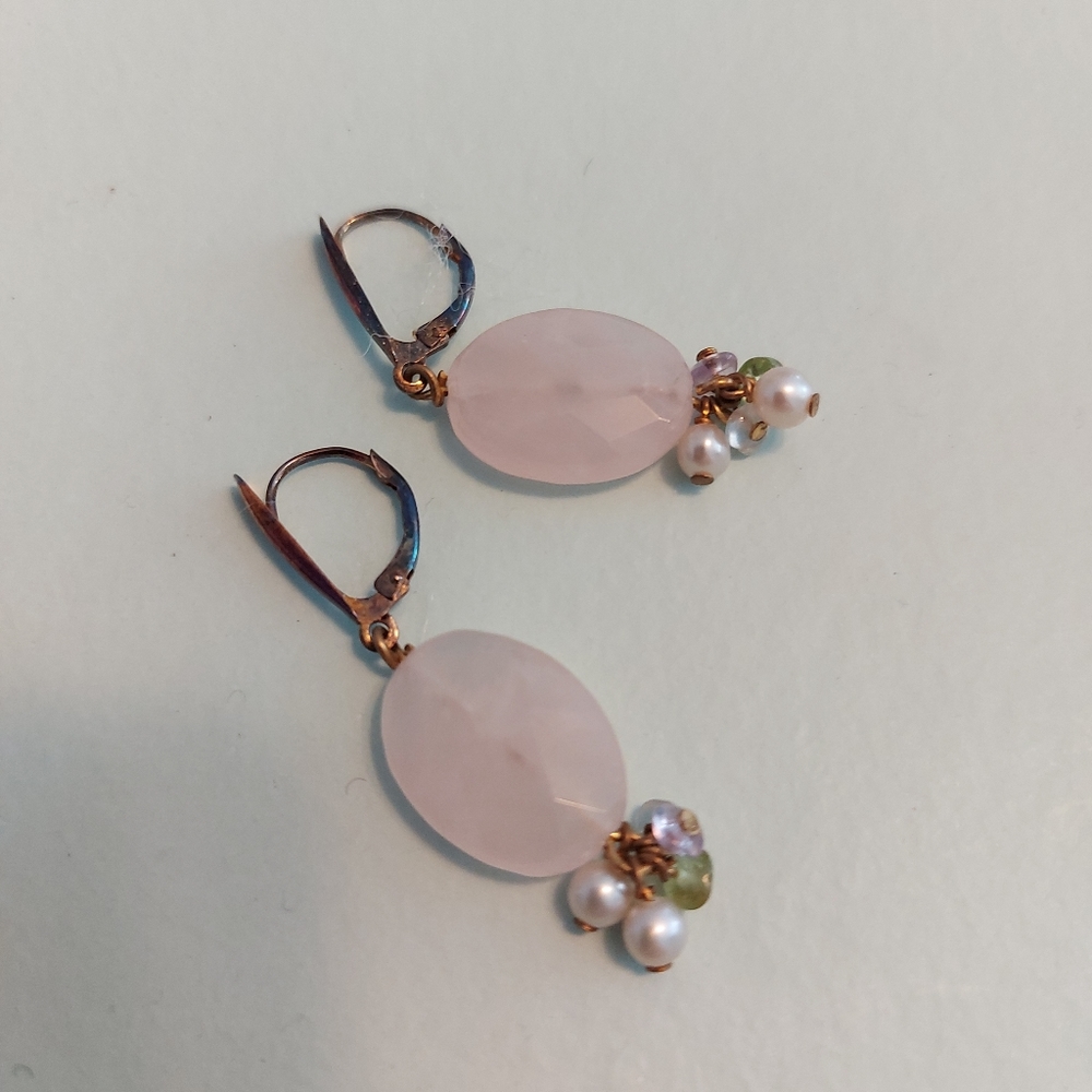 pretty pink genuine quartz stone earrings tiniest pearl, pink/green crystals
